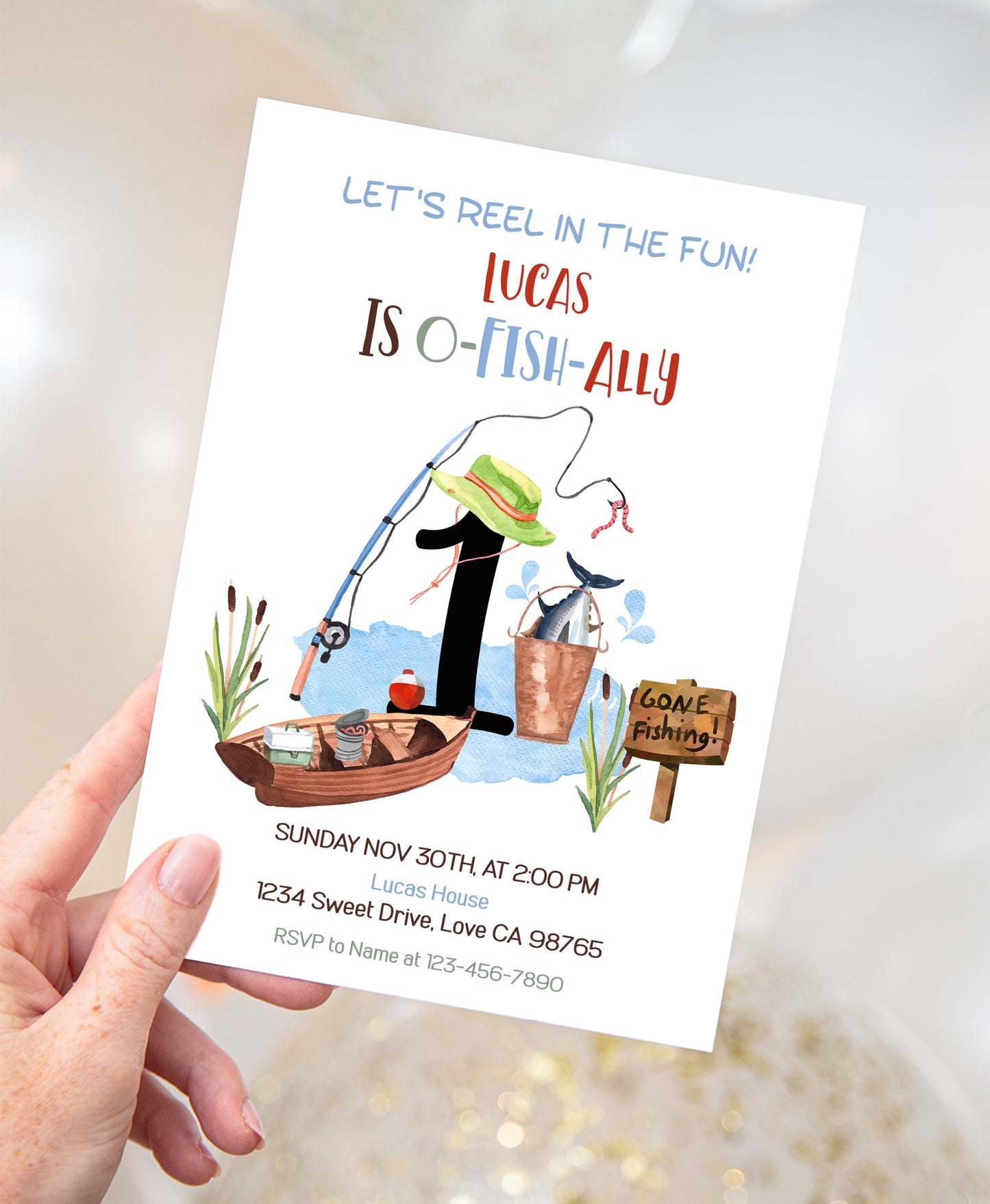 O-Fish-Ally One Birthday Invitation | Editable Fishing Theme Party Invite - 97A