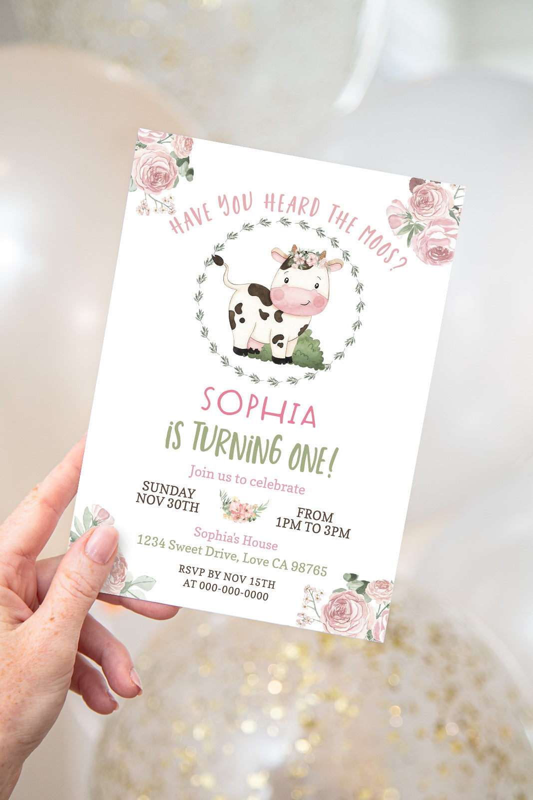 Girl Cow First Birthday Invitation | Editable Floral Farm Party Invite - 11A