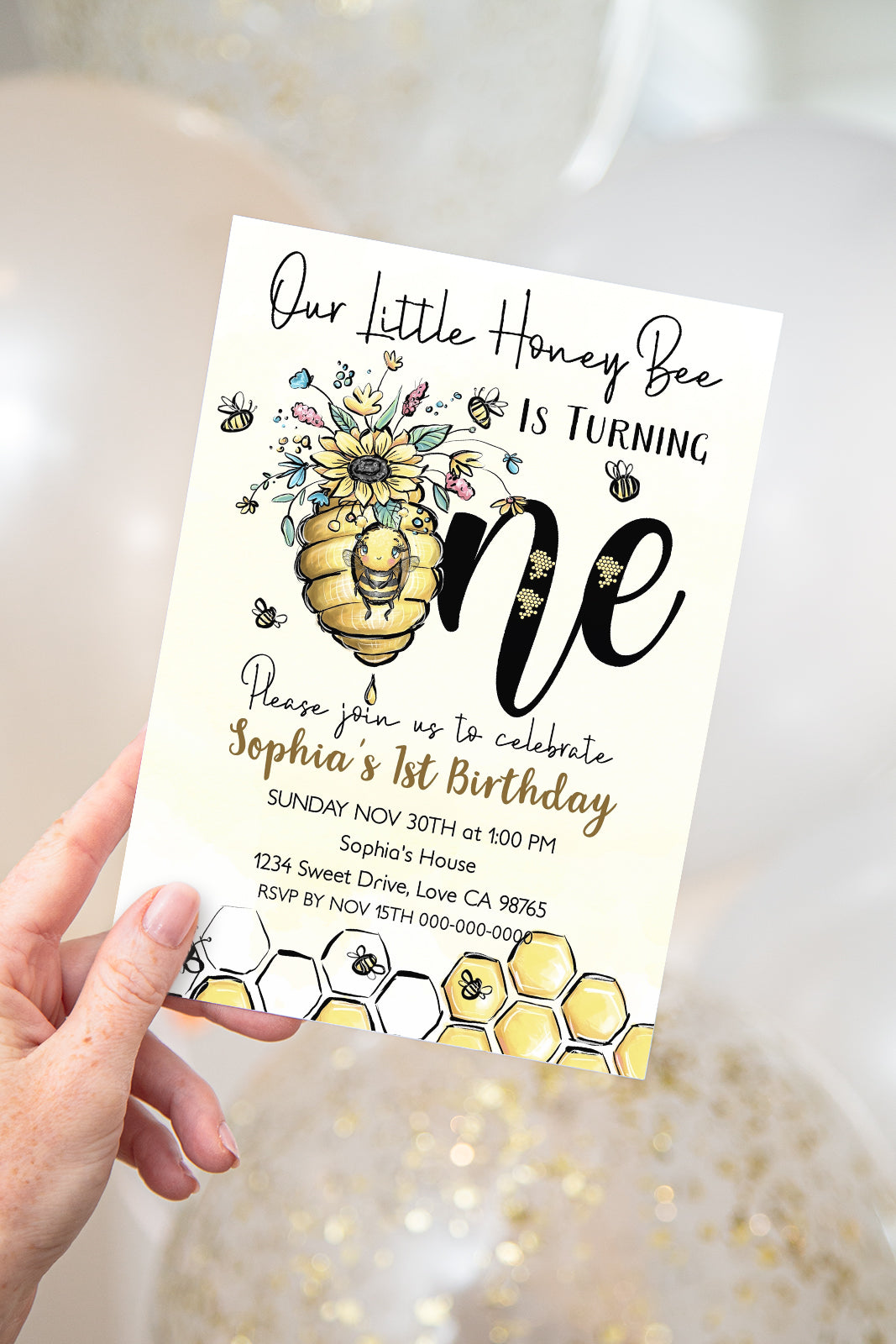 Our Little Honey Bee is Turning One | Bumble Bee 1st Birthday Party Invite - 61A