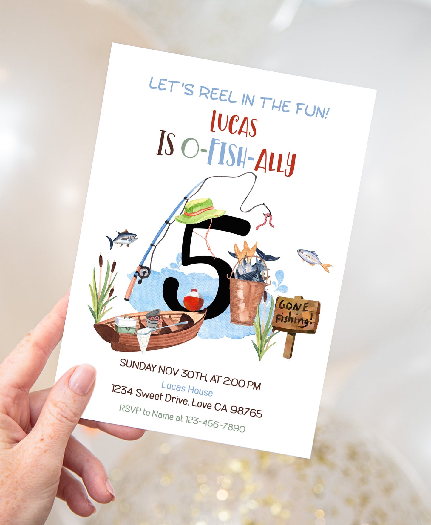 O-Fish-Ally five Birthday Invitation | Editable Fishing Theme Party Invite - 97A