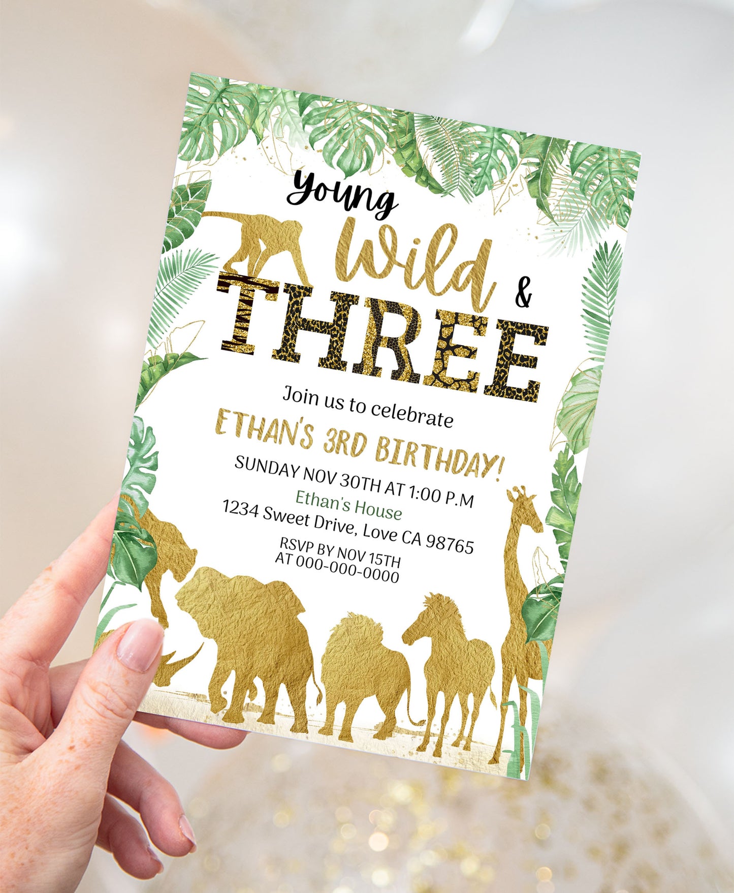 Young wild and three Birthday Invitation | Editable Safari 3rd Birthday invitation - 35K