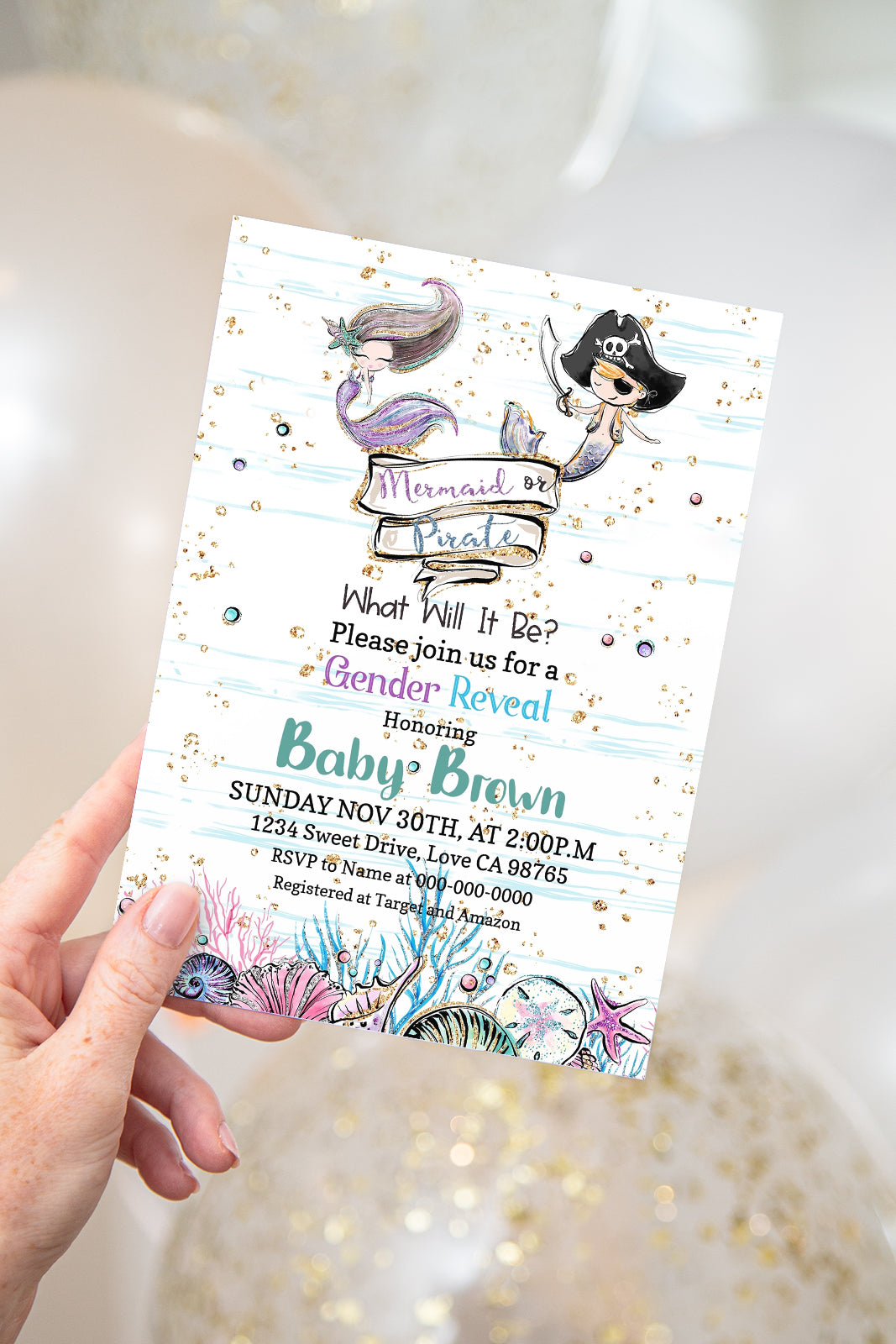 Mermaid or Pirate Editable Invitation | Blue or Pink  Gender Reveal Invitation 20A1