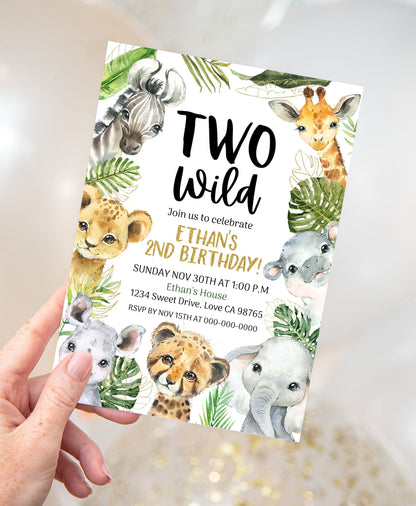 Two Wild Safari Invitation | Editable Jungle Animals 2nd Birthday Invite - 35A