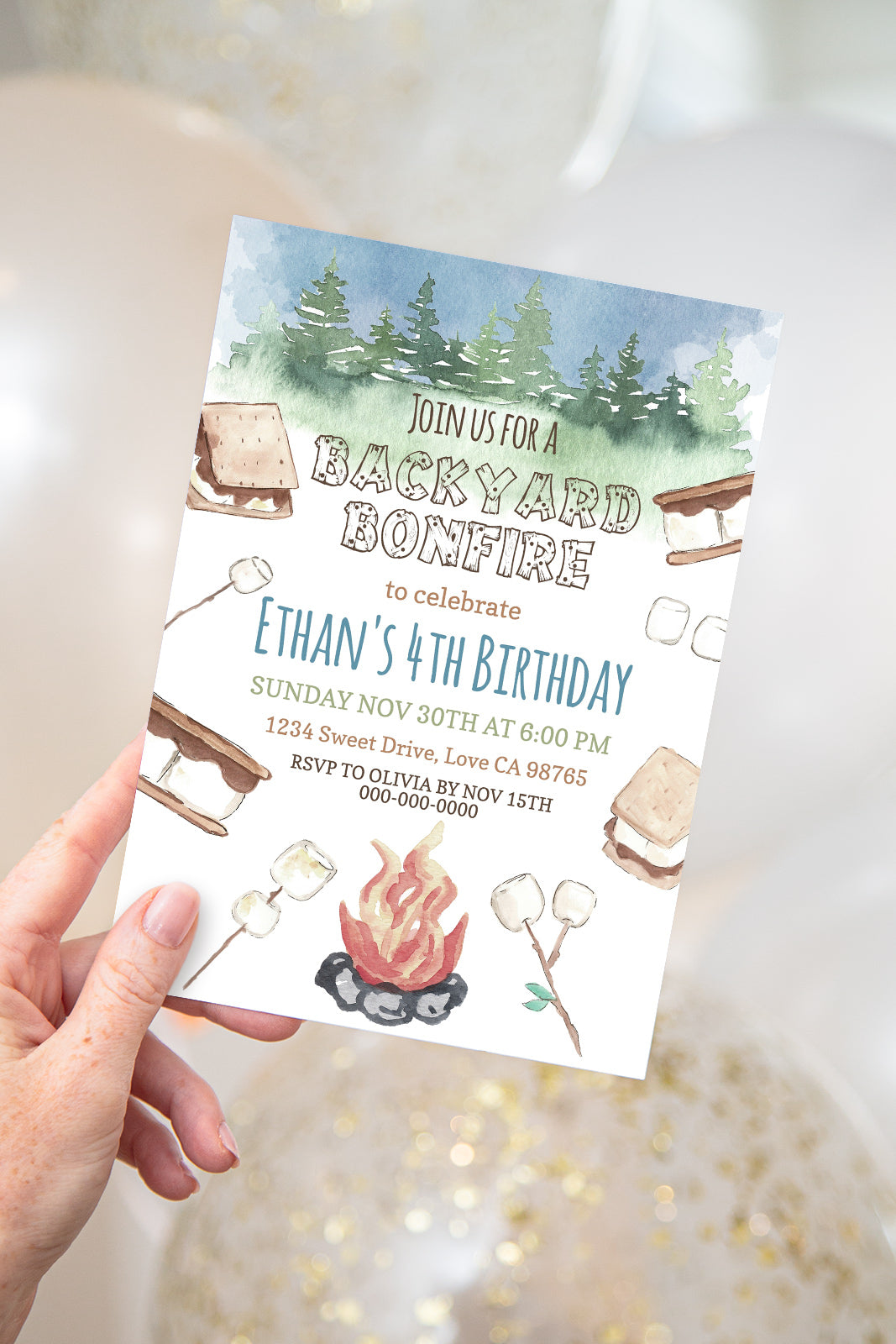 Backyard Bonfire Invitation | Editable Camping Birthday Party Invite - 04A