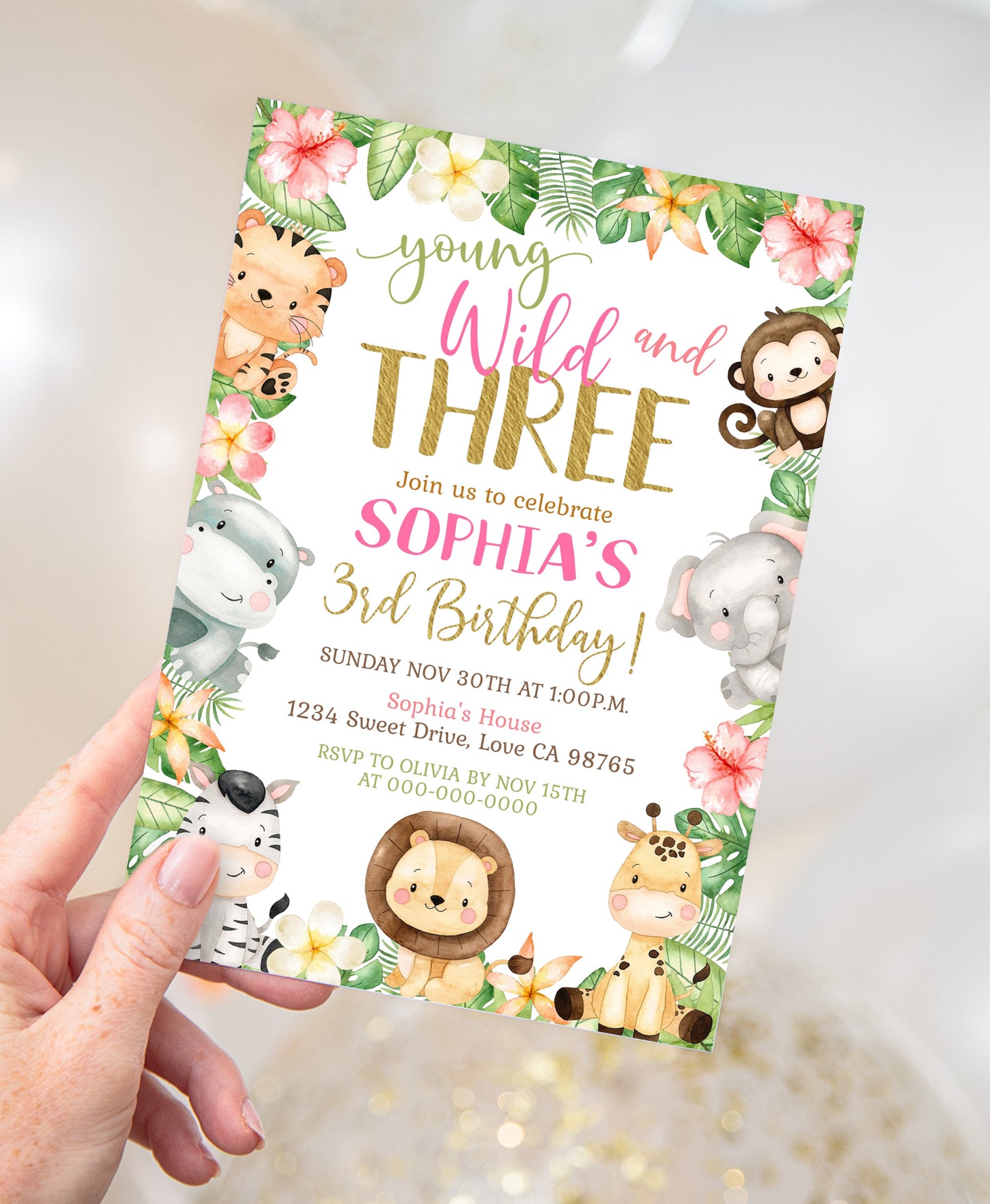 Young Wild and Three Invitation | Editable Girl Safari Birthday Party Invite - 35E