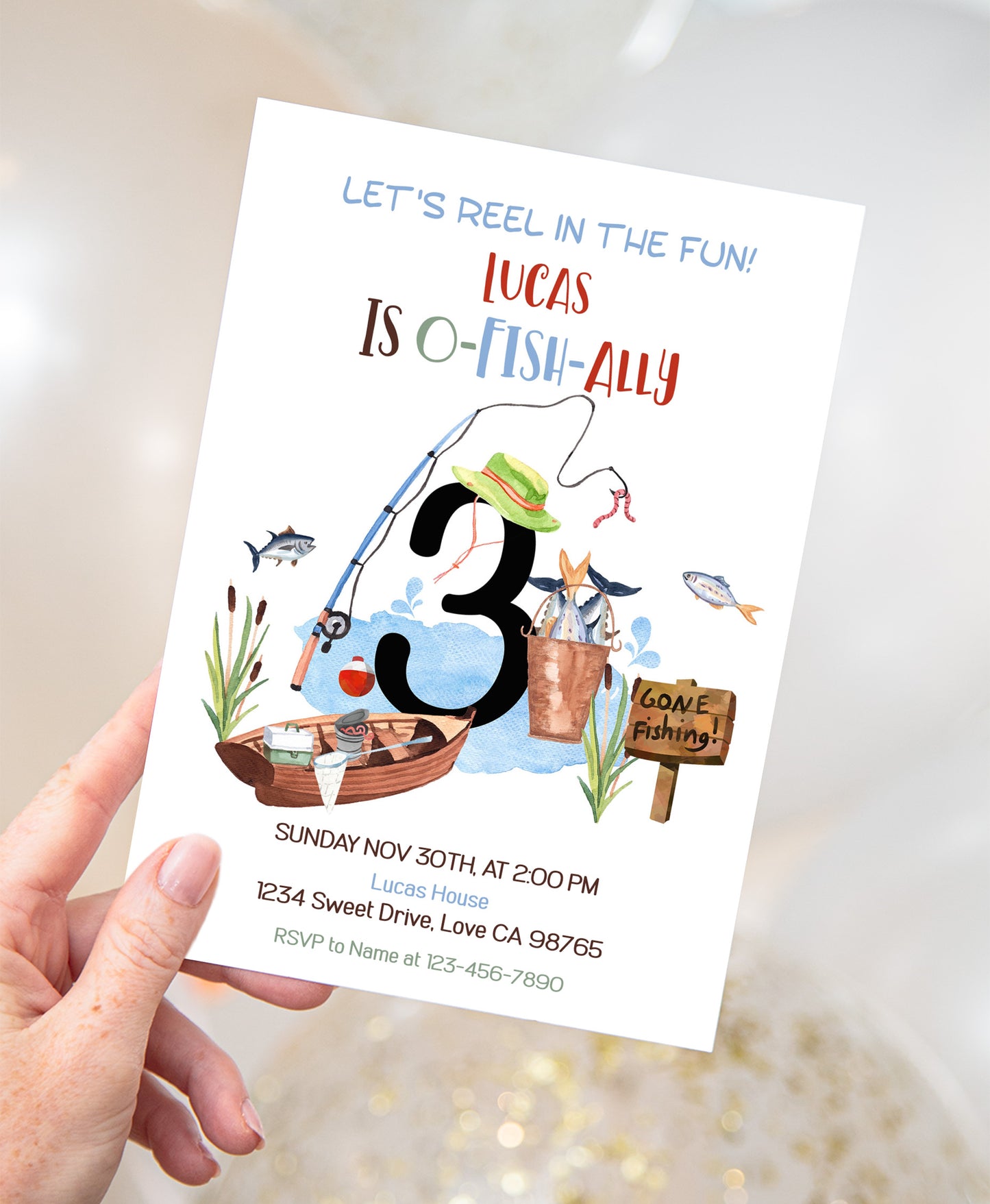 O-Fish-Ally three Birthday Invitation | Editable Fishing Theme Party Invite - 97A