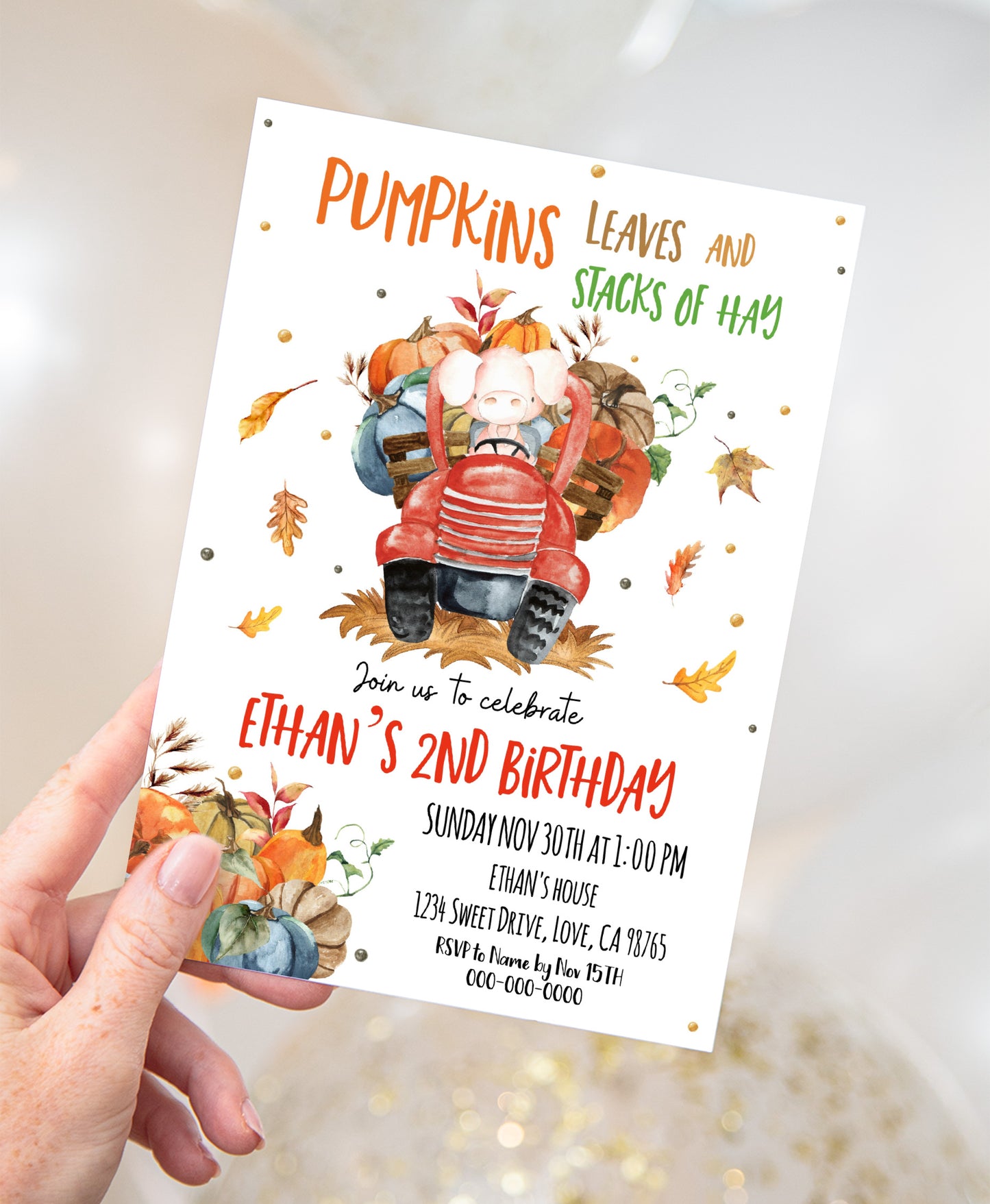 Pumpkins leaves and stacks of hay Invitation | Editable Pumpkin Truck Invite - 30L