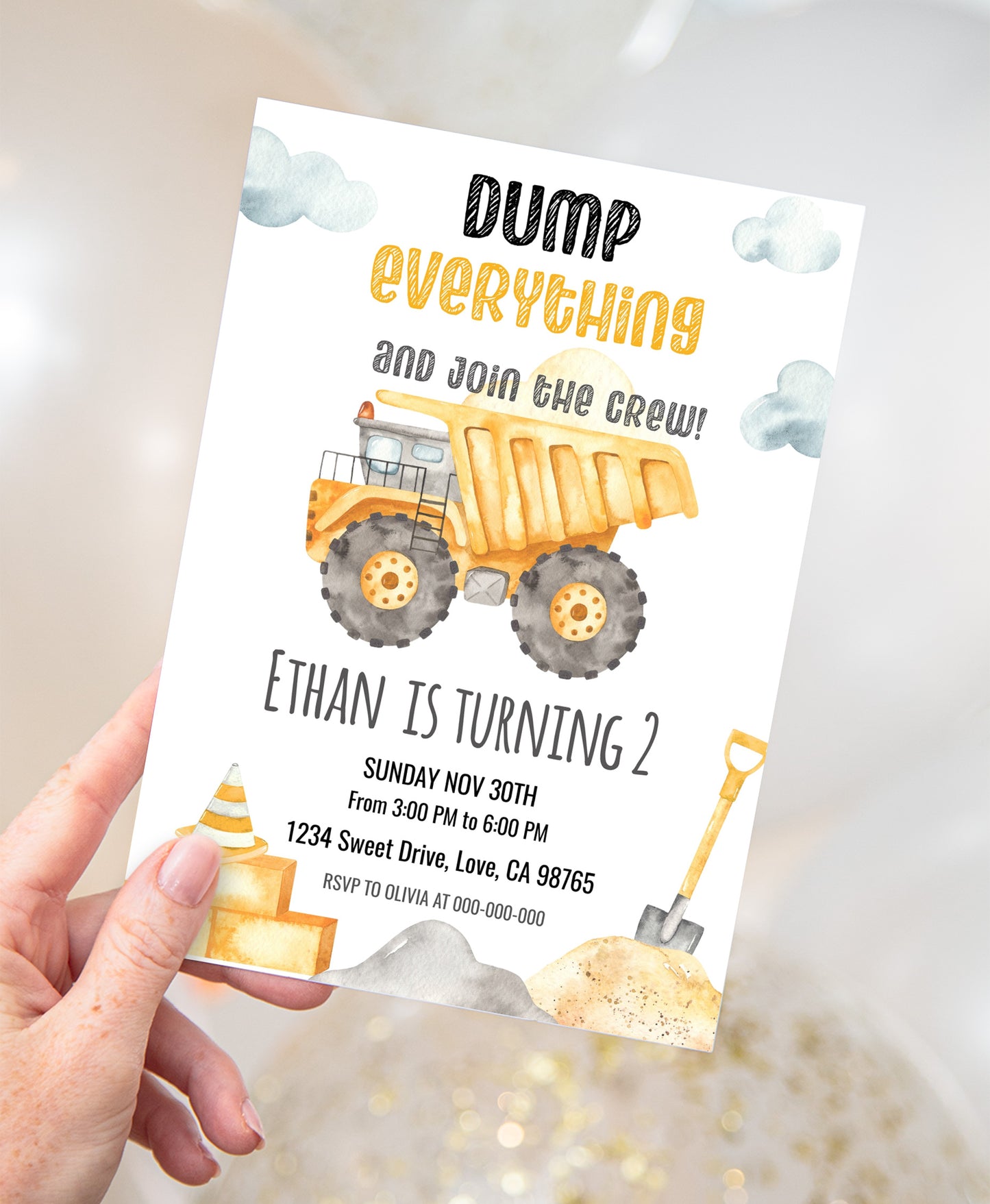 Dump Truck Birthday Invitation | Editable Construction Party Invite - 07A