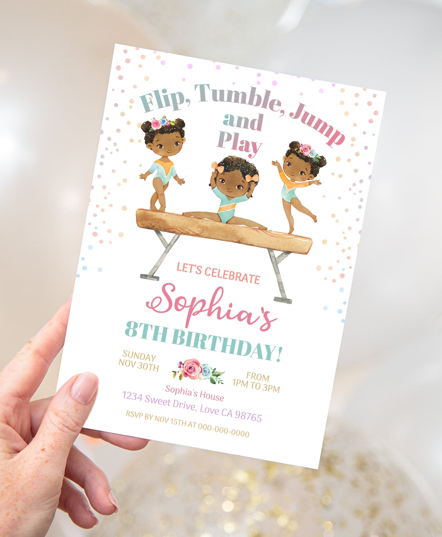 Gymnastic Birthday Invitation Girl | Floral Gymnastic Party Invite - 99A