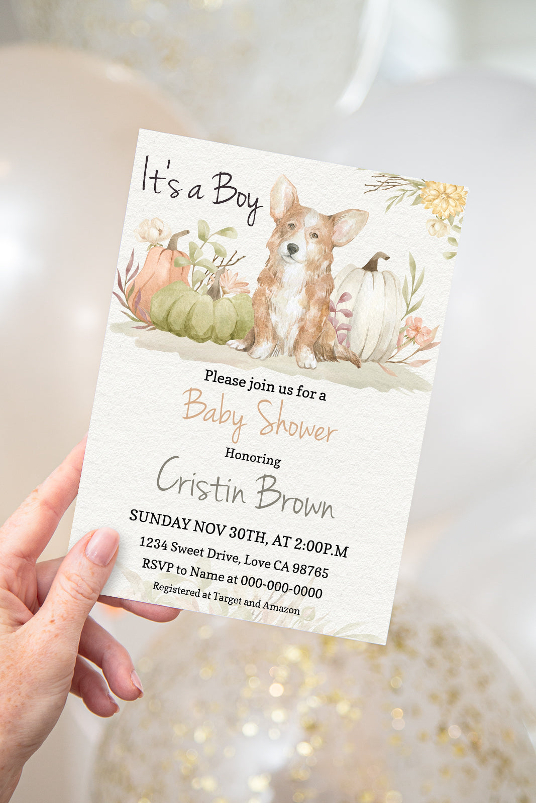 Editable It's a Boy Corgi and Pumpkins Invitation | Fall Boy Baby Shower - 30G2