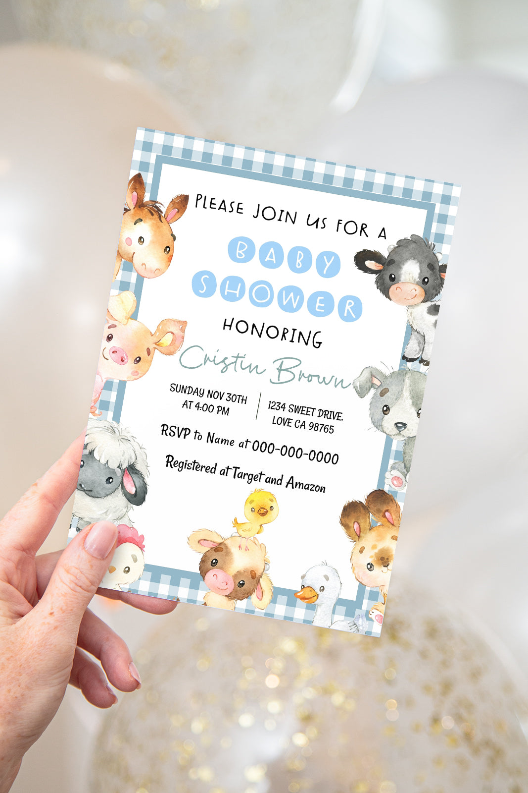 Blue Gingham Farm Editable Baby Shower Invitation | Farm Theme - 11C2