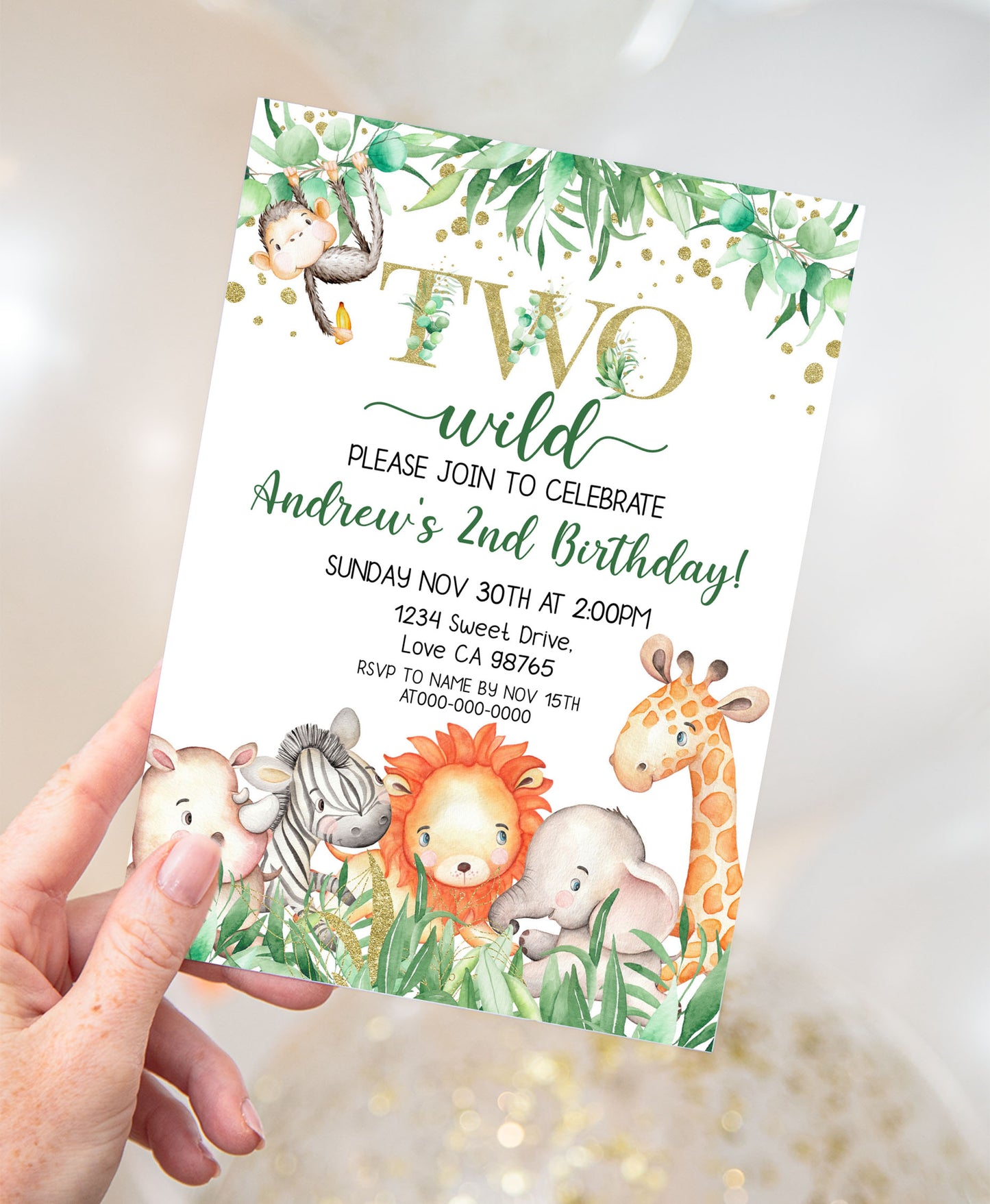 Two Wild safari Birthday Invitation | Editable Jungle Animals Party Invite - 35J