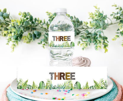 Three Safari Water Bottle Labels Animal Print | Jungle 3rd Birthday Party Decorations - 35H