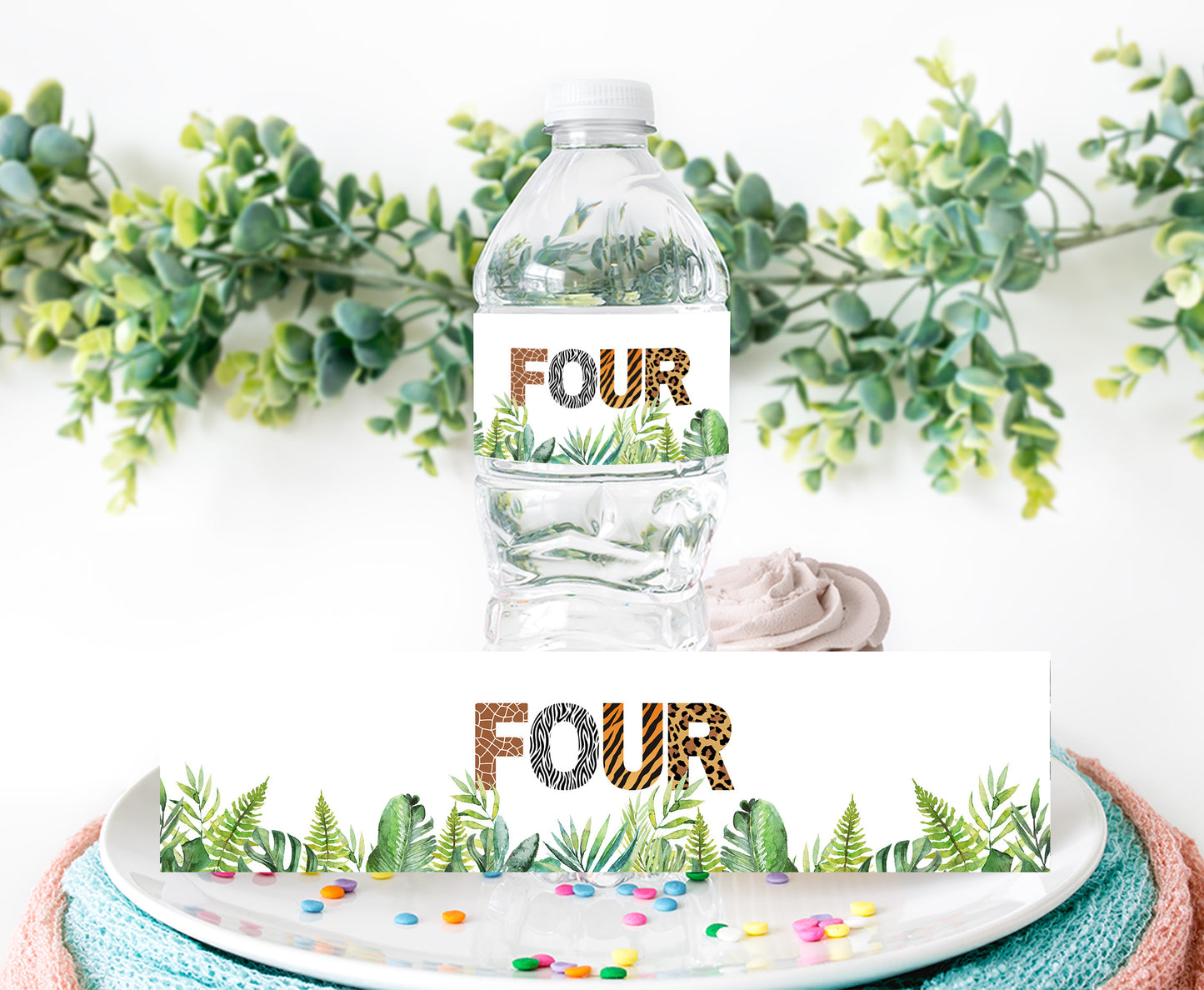 Four Safari Water Bottle Labels Animal Print | Jungle 4th Birthday Party Decorations - 35H