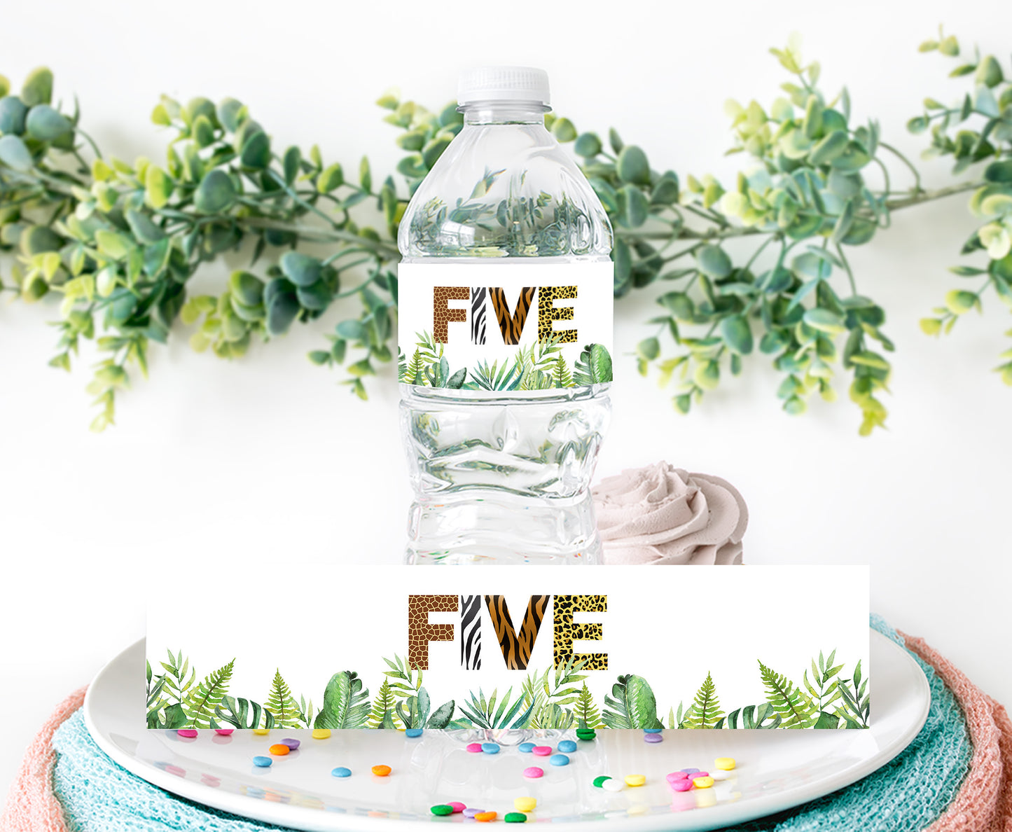 Five Safari Water Bottle Labels Animal Print | Jungle 5th Birthday Party Decorations - 35H