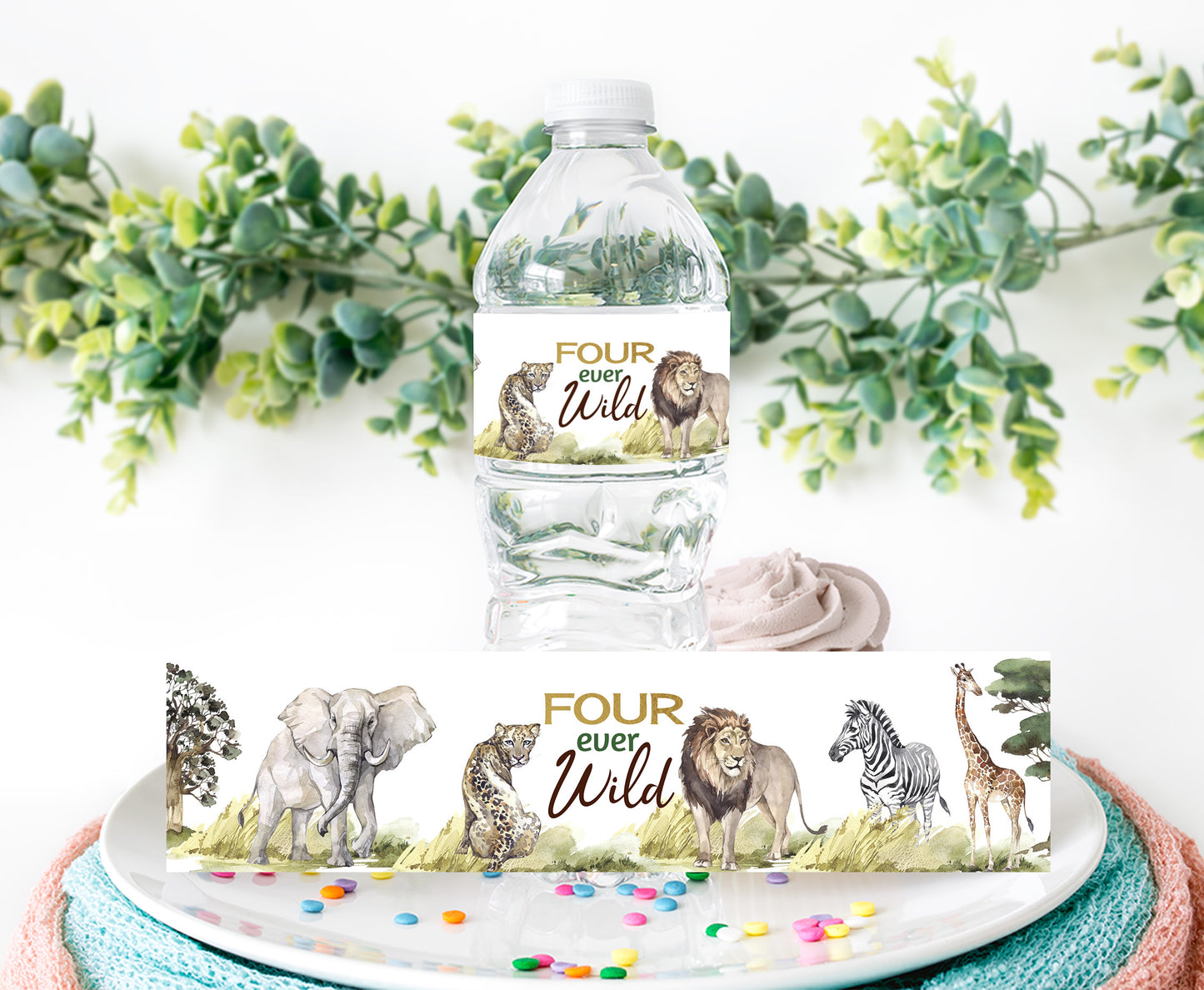 Four ever wild Safari Water Bottle Labels | Safari 4th Birthday Party Decorations - 35I