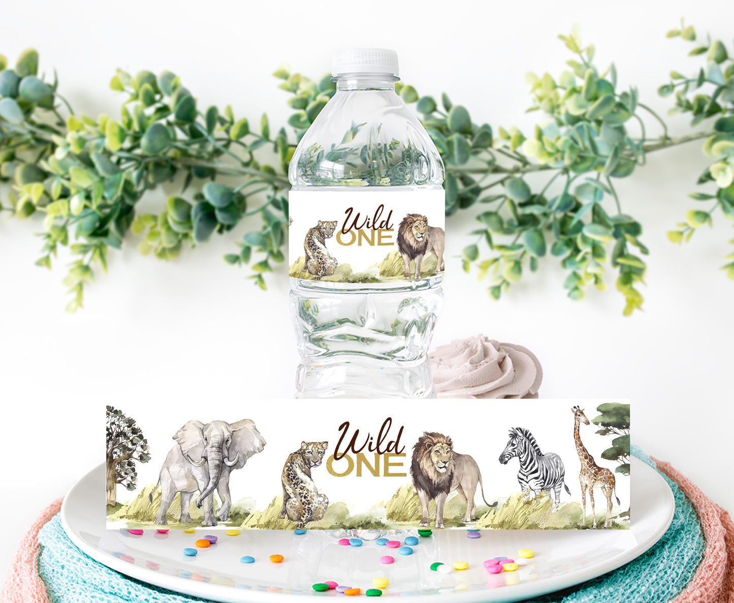 Wild One Safari Water Bottle Labels | Safari First Birthday Party Decorations - 35I