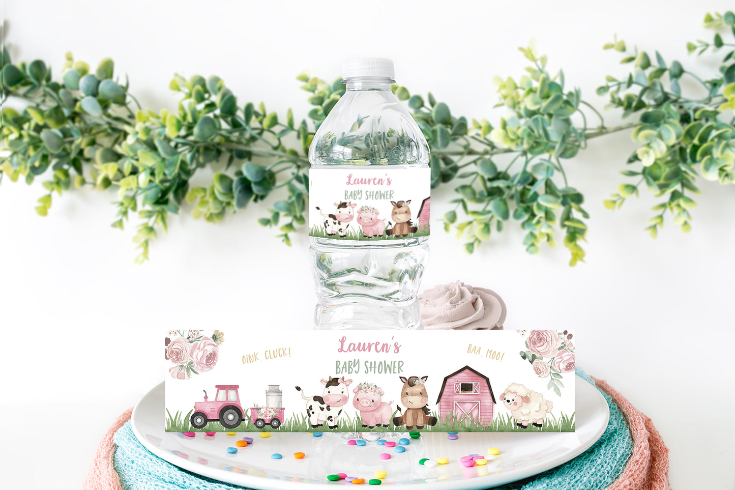 Editable farm water bottle label girl | Barnyard baby shower decorations - 11A