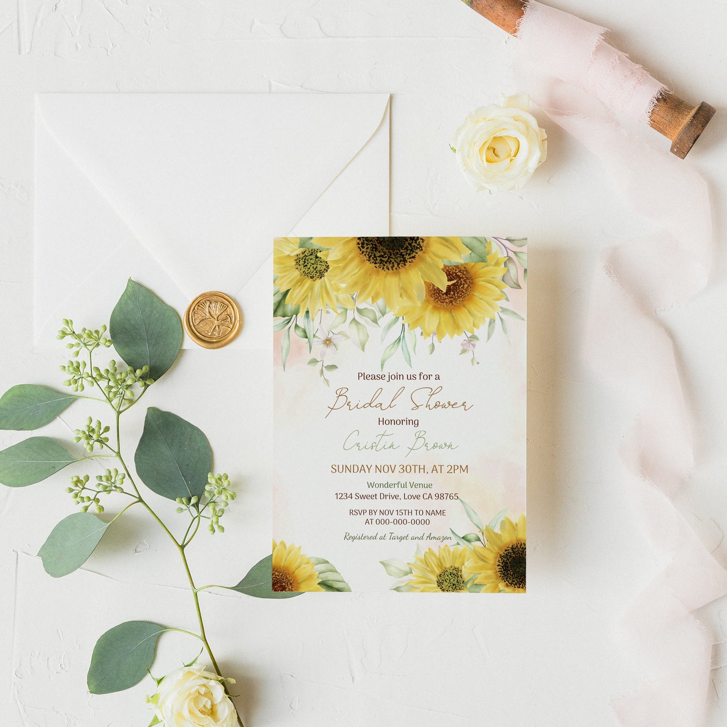 Sunflower Bridal Shower Invitation | Editable Yellow Floral Bride To Be Shower Invite - 56Aw