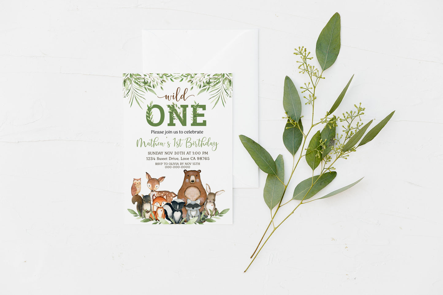 Wild One Birthday Invitation | Editable Woodland First Birthday Party Invite - 47J0