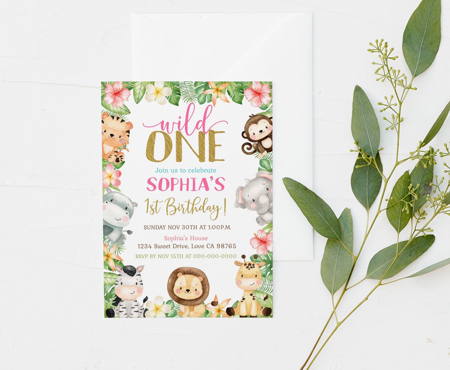 Girl Safari Birthday Invitation | Editable Floral Jungle Animals Party Invite - 35E