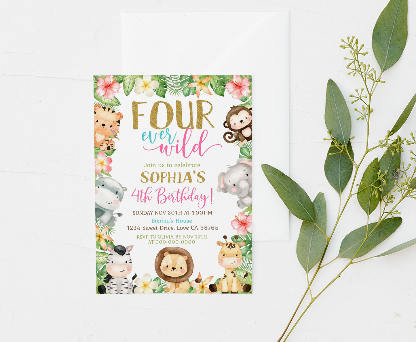 Four ever wild Birthday Invitation | Editable Girl Safari Party Invite - 35E