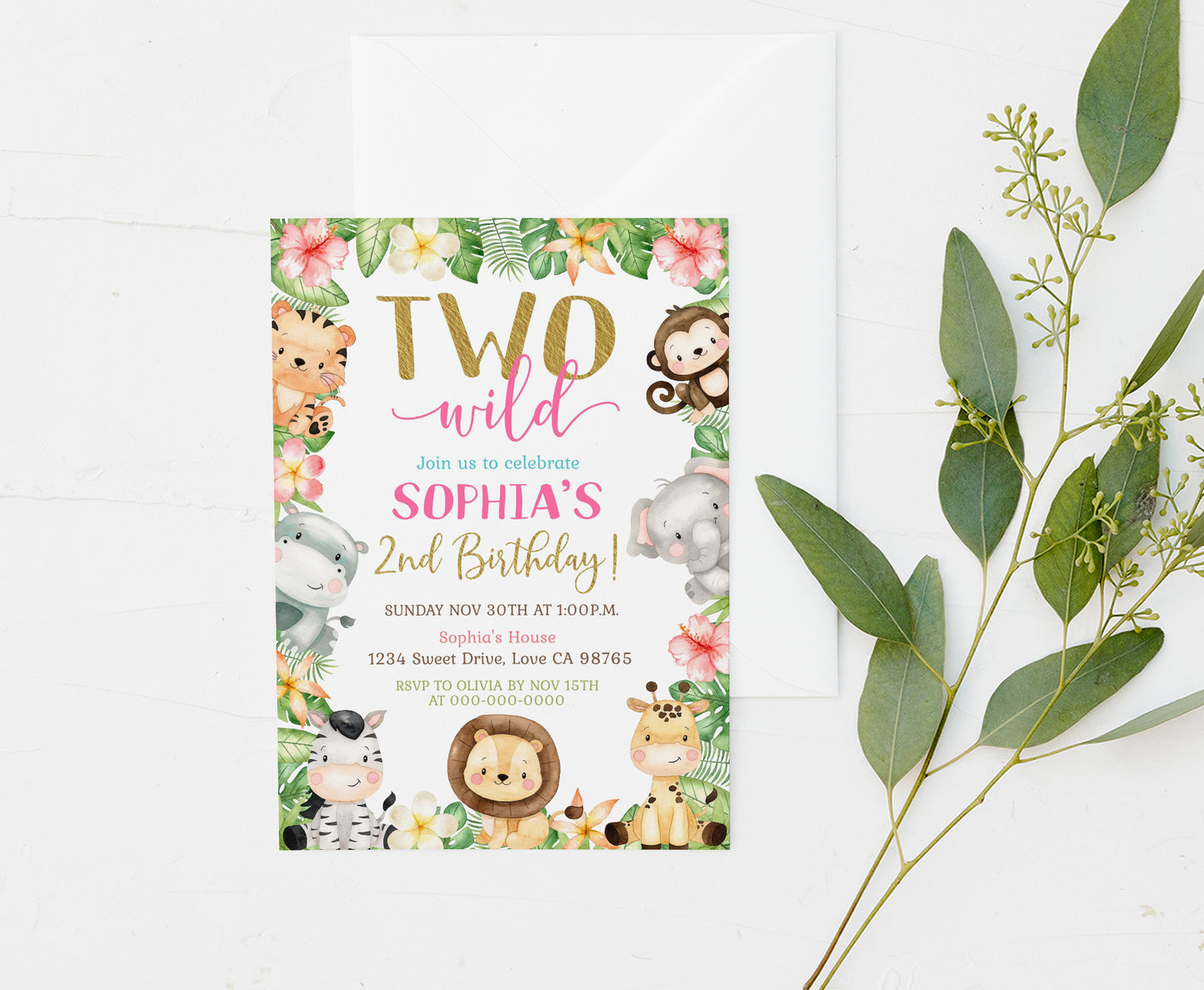 Girl Safari TWO Wild Invitation | Floral Jungle Animals Birthday Party Invite - 35E