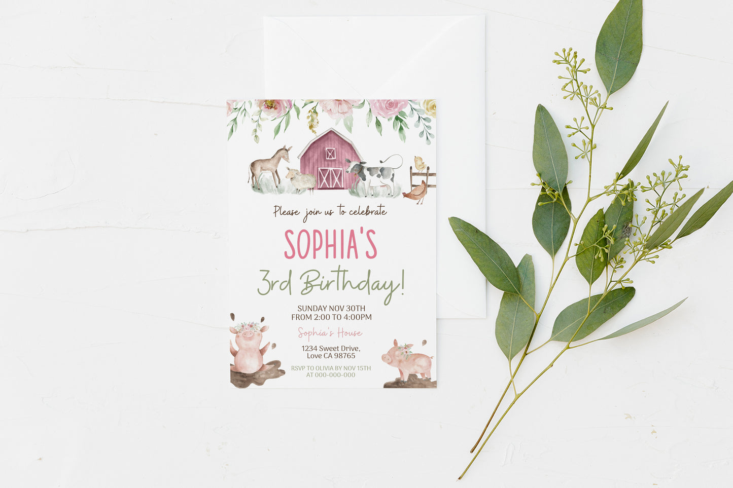 Floral Farm Birthday Invitation | Editable Girl Barnyard Bash Invite - 11B