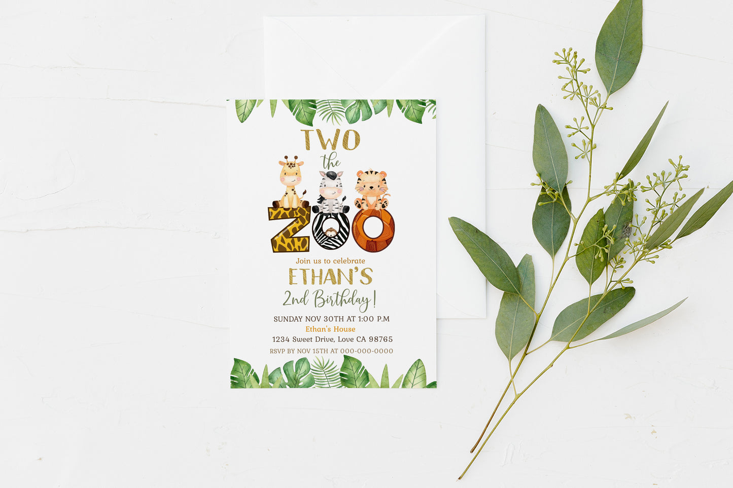 TWO the Zoo Party Invitation | Safari Animals 2nd birthday Invite - 35E