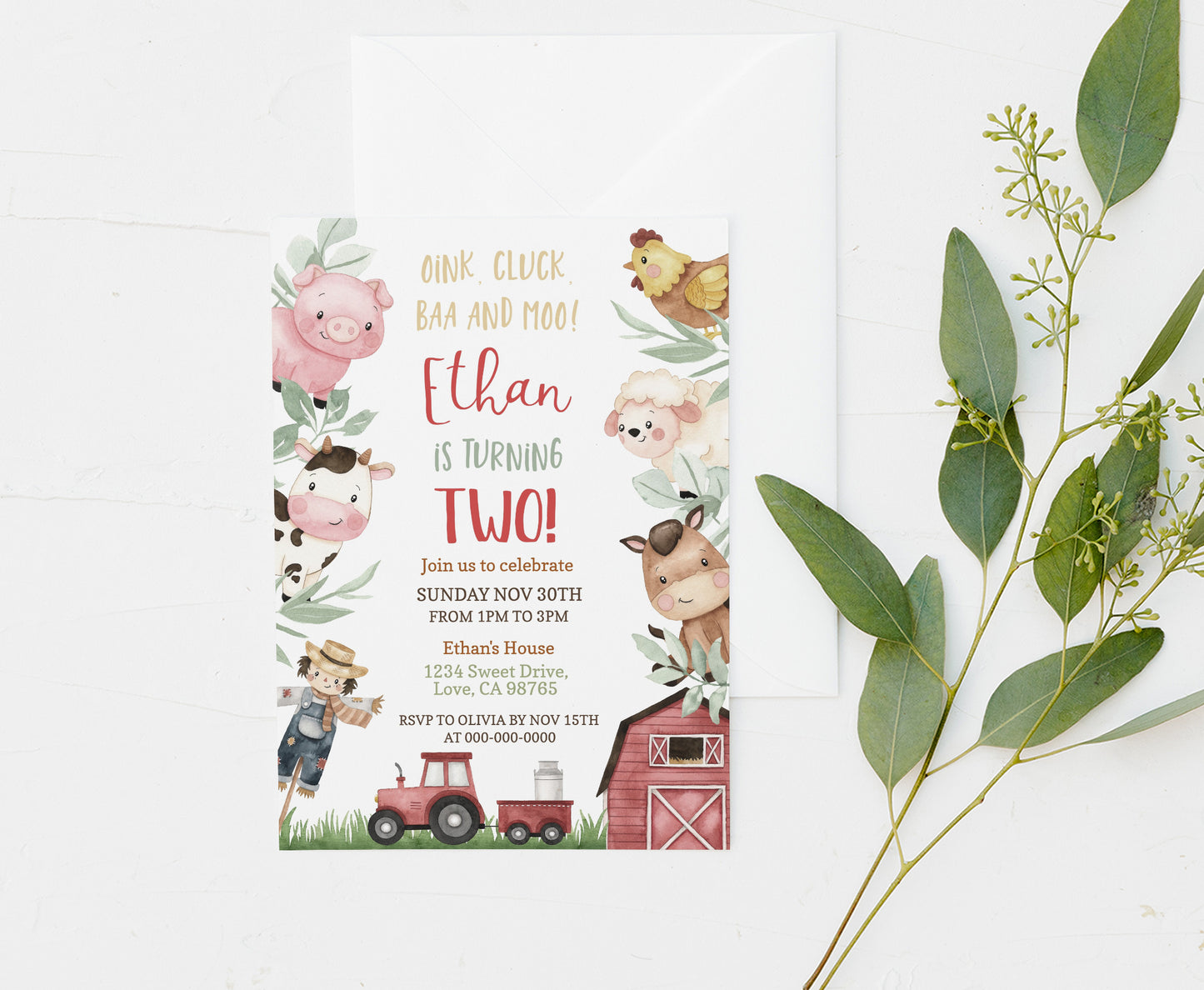 Farm Animals Birthday Invitation Boy | Barnyard Bash Party Invite - 11A