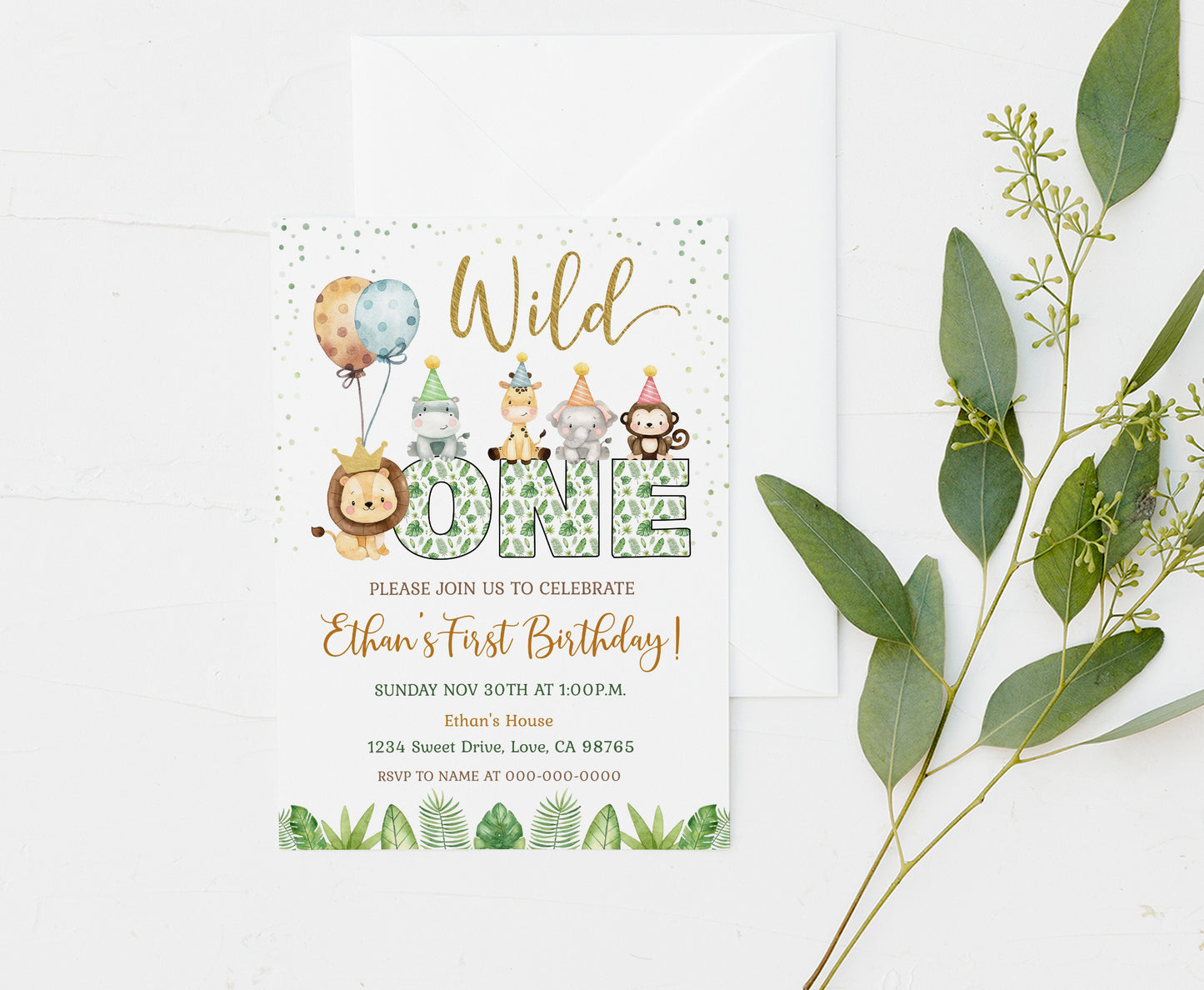 ONE Safari Birthday Invitation | Jungle Themed Party Invite - 35E