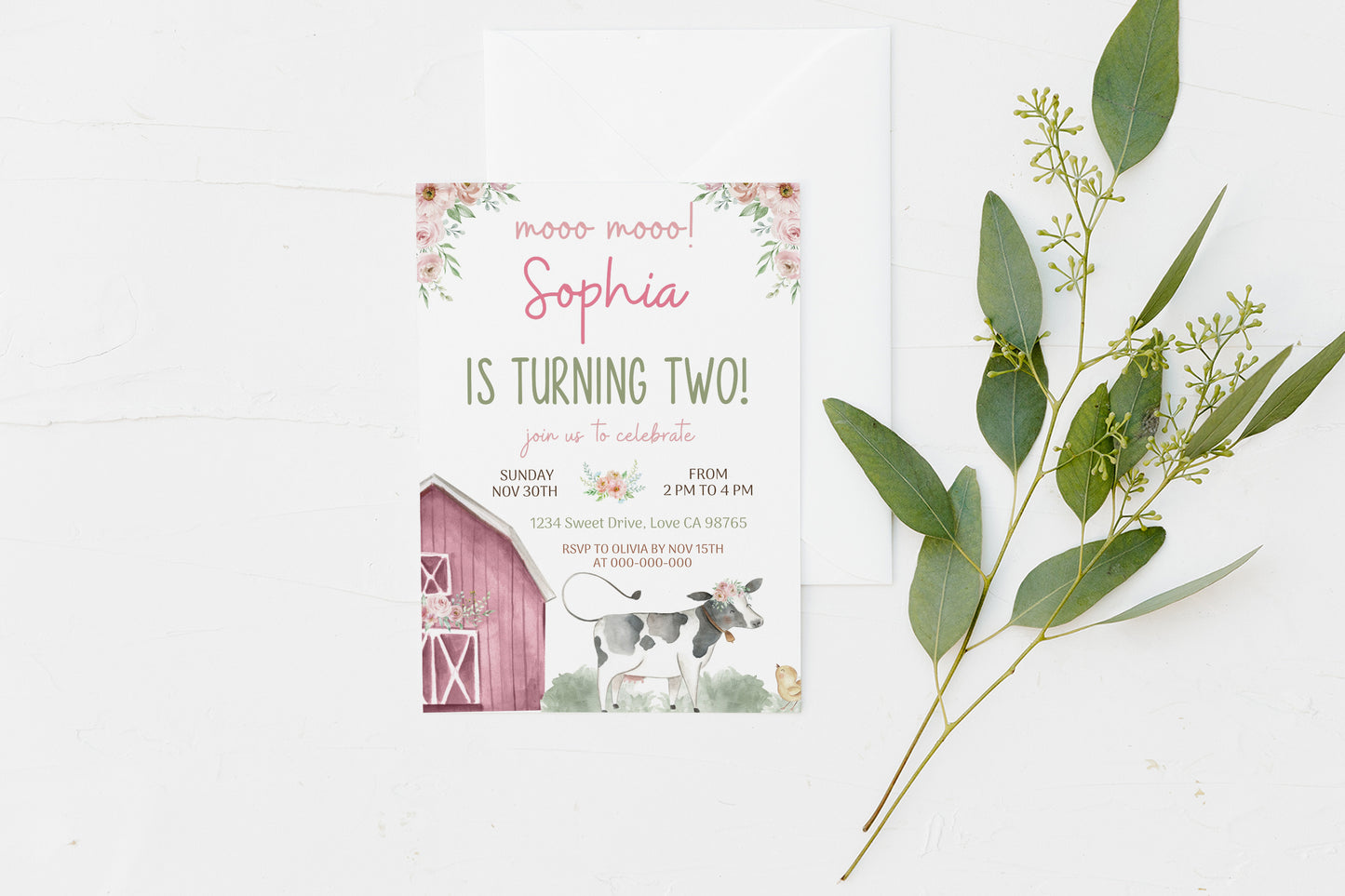 Floral Cow Birthday Invitation | Editable Girl Farm Birthday invite - 11B