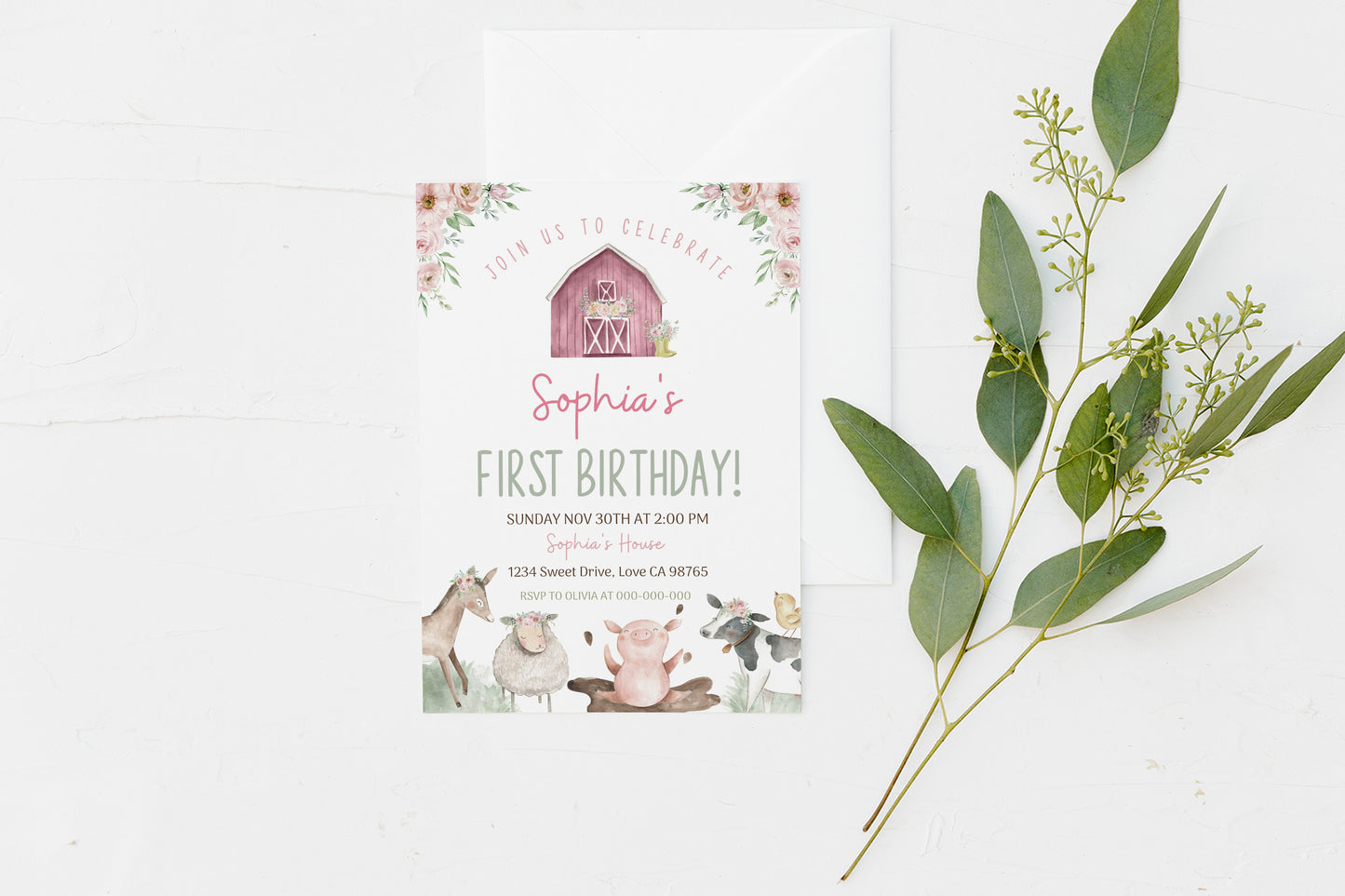 Pink Farm Animals Birthday Invitation | Girl Barnyard Party Invite - 11B